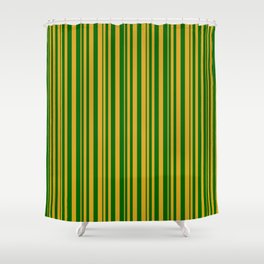 [ Thumbnail: Goldenrod and Dark Green Colored Stripes Pattern Shower Curtain ]