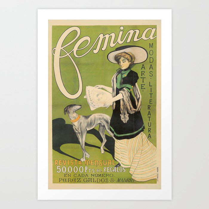 Femina, Animals, Art Nouveau, Dogs, Fashion, Literary, Spain Poster Art Print