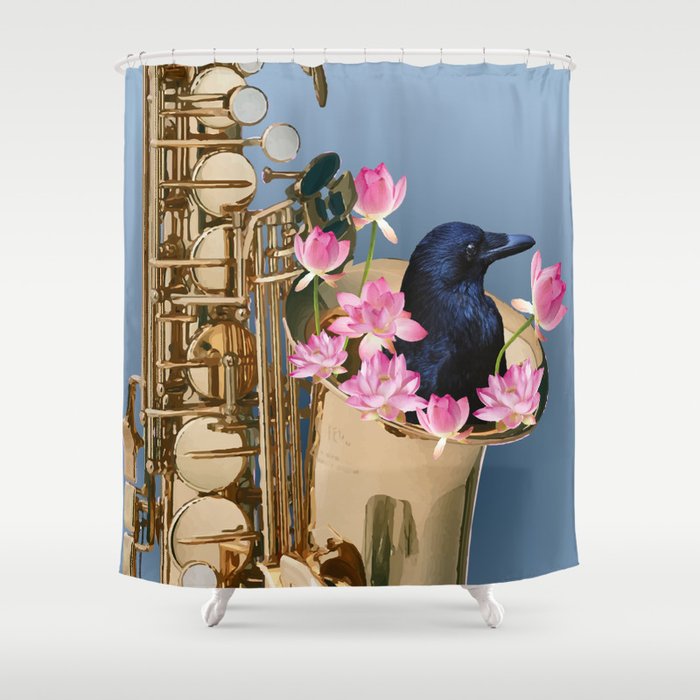 Raven sitting in Saxophone - Music Design #society6 Shower Curtain