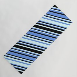 [ Thumbnail: Cornflower Blue, Black, and Light Cyan Colored Striped Pattern Yoga Mat ]
