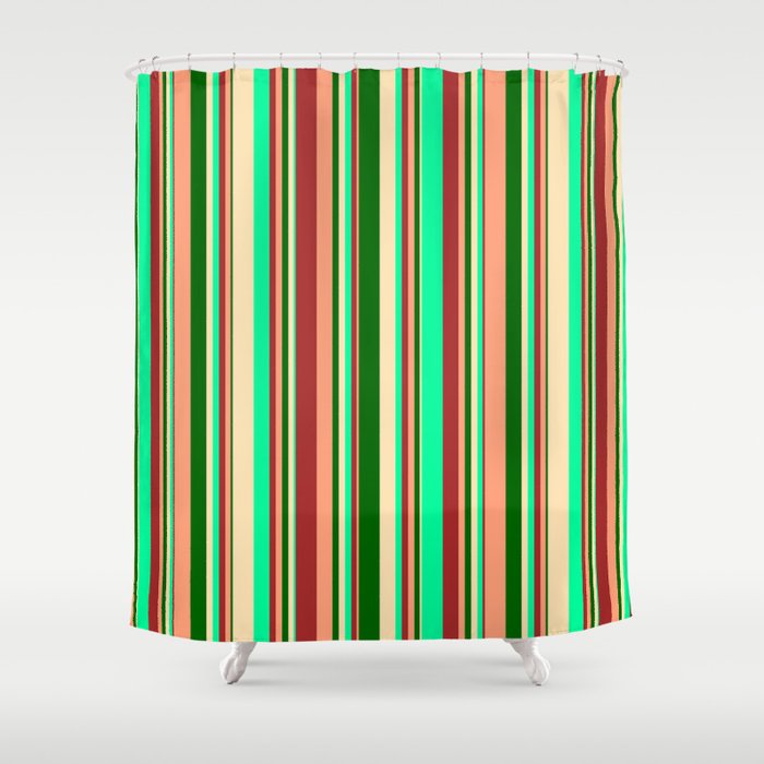Eye-catching Brown, Green, Beige, Dark Green & Light Salmon Colored Lined/Striped Pattern Shower Curtain