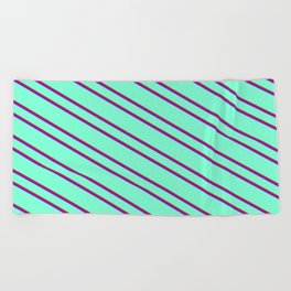 [ Thumbnail: Aquamarine, Brown, and Dark Violet Colored Pattern of Stripes Beach Towel ]