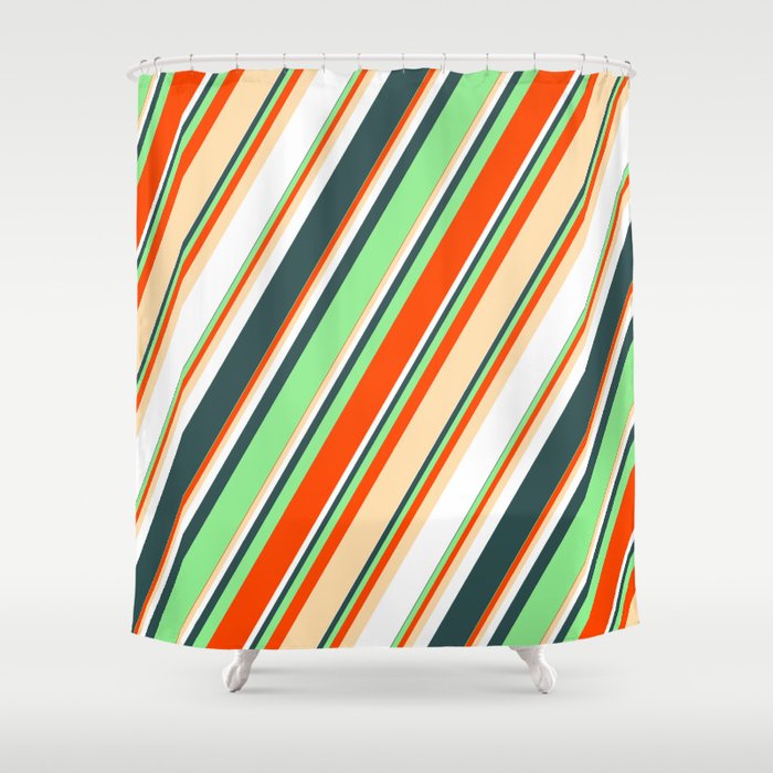 Light Green, Red, Tan, White, and Dark Slate Gray Colored Striped Pattern Shower Curtain