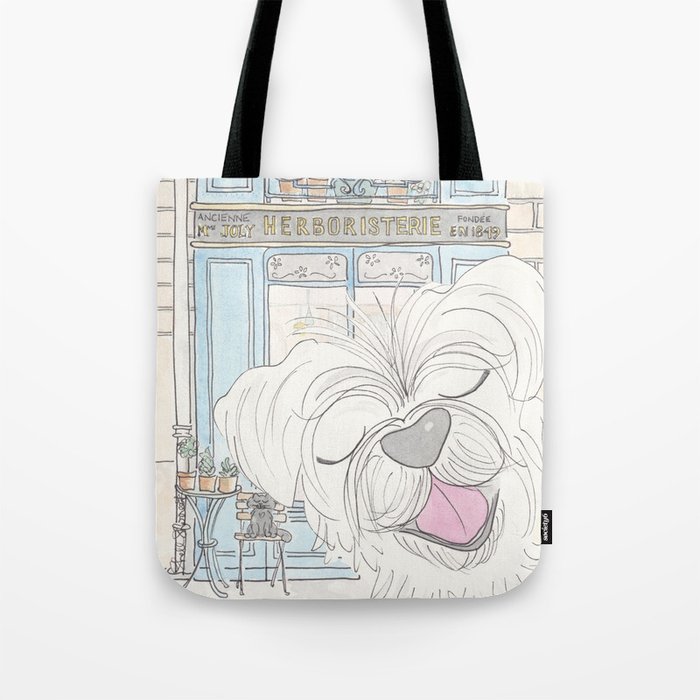White Terrier Stanley with French Paris Scenery Tote Bag