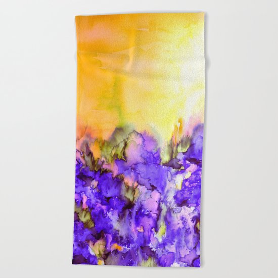INTO ETERNITY, YELLOW AND LAVENDER PURPLE Colorful Watercolor Painting Abstract Art Floral Landscape Beach Towel