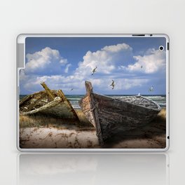 Stranded Boats on a Beach under a Cloudy Blue Sky Laptop Skin