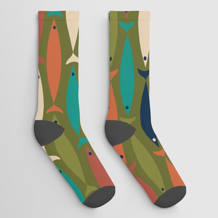 Mid-century Modern Fish in a Green Sea Pattern  Socks