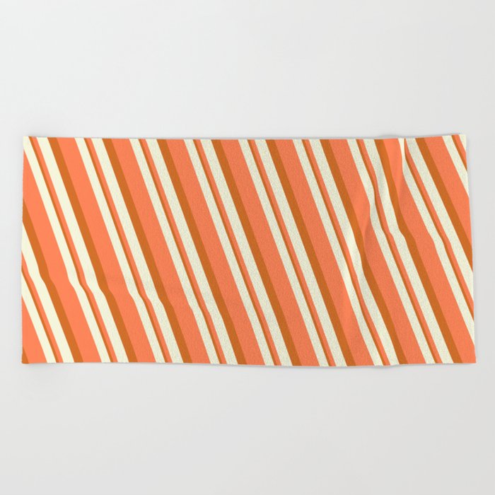 Beige, Coral & Chocolate Colored Stripes Pattern Beach Towel