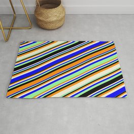[ Thumbnail: Vibrant Dark Orange, Beige, Blue, Green, and Black Colored Lines/Stripes Pattern Rug ]