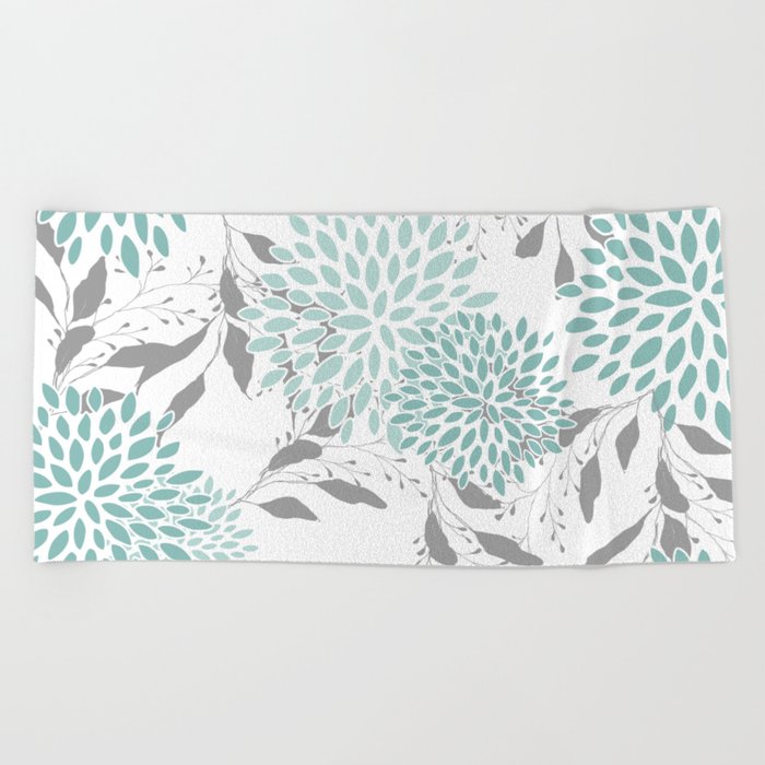 Festive, Floral Blooms and Leaves, Teal and Gray Beach Towel