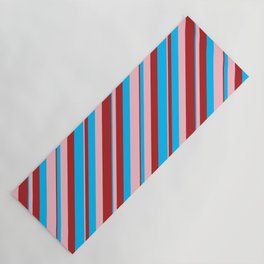 [ Thumbnail: Deep Sky Blue, Pink, and Red Colored Lined/Striped Pattern Yoga Mat ]