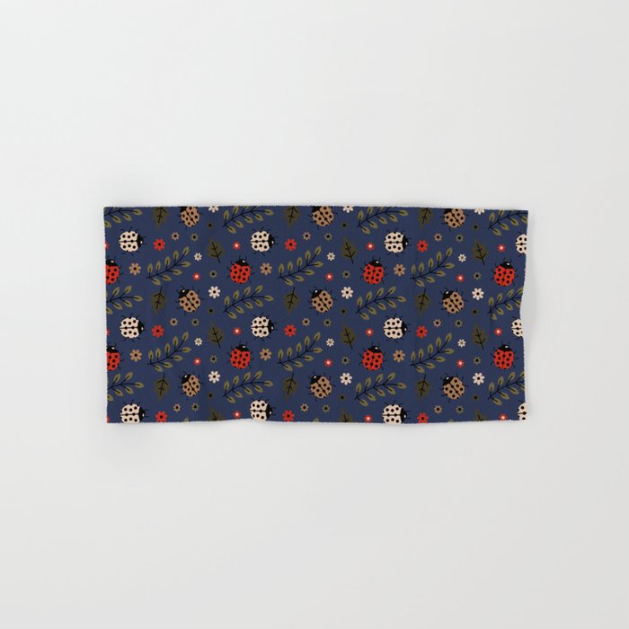 Ladybug and Floral Seamless Pattern on Navy Blue Background Hand & Bath Towel