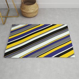 [ Thumbnail: Eyecatching Dim Grey, Mint Cream, Black, Yellow, and Midnight Blue Colored Stripes Pattern Rug ]