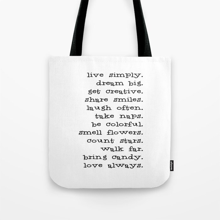 Live Simply Dream Big Typography Inspirational Phrase Tote Bag