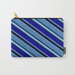 [ Thumbnail: Blue, Black, Dark Blue & Sky Blue Colored Pattern of Stripes Carry-All Pouch ]