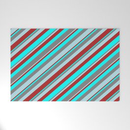[ Thumbnail: Gray, Powder Blue, Red & Cyan Colored Stripes Pattern Welcome Mat ]