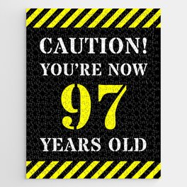 [ Thumbnail: 97th Birthday - Warning Stripes and Stencil Style Text Jigsaw Puzzle ]