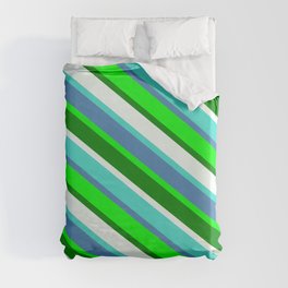[ Thumbnail: Eye-catching Mint Cream, Turquoise, Blue, Lime, and Green Colored Pattern of Stripes Duvet Cover ]