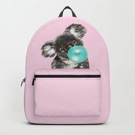 Playful Koala Bear with Bubble Gum in Pink Backpack