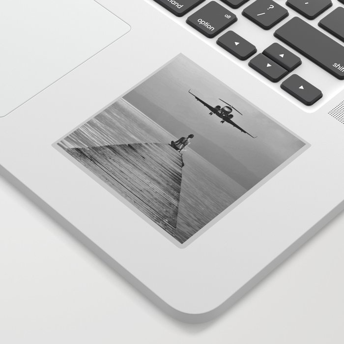 Steady As She Goes 6; aircraft coming in for an island landing female in bikini black and white photography - photographs - photograph Sticker