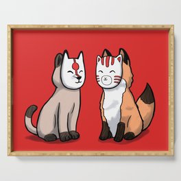 Cat and fox wearing japanese mask Serving Tray