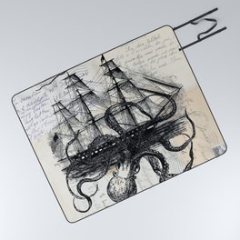 Octopus Kraken Attacking Ship on Old Postcards Picnic Blanket