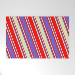 [ Thumbnail: Red, Slate Blue, and Pale Goldenrod Colored Lined/Striped Pattern Welcome Mat ]