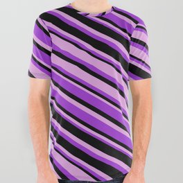 [ Thumbnail: Dark Orchid, Black, and Plum Colored Stripes Pattern All Over Graphic Tee ]