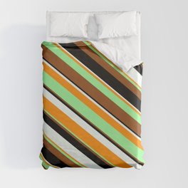 [ Thumbnail: Eyecatching Mint Cream, Dark Orange, Green, Brown, and Black Colored Lines/Stripes Pattern Duvet Cover ]
