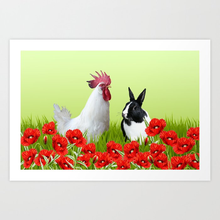 Rooster Chicken Bunny - Poppies Field  Art Print