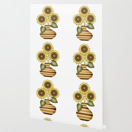 Rustic MCM Sunflowers in Wood Inlay Vase // Yellow, Green, Brown, Wheat, Cream, Black and White Wallpaper