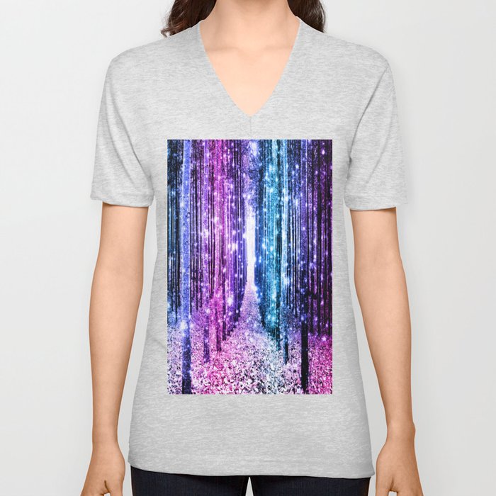 Magical Forest : Aqua Periwinkle Purple Pink Ombre Sparkle V Neck T Shirt