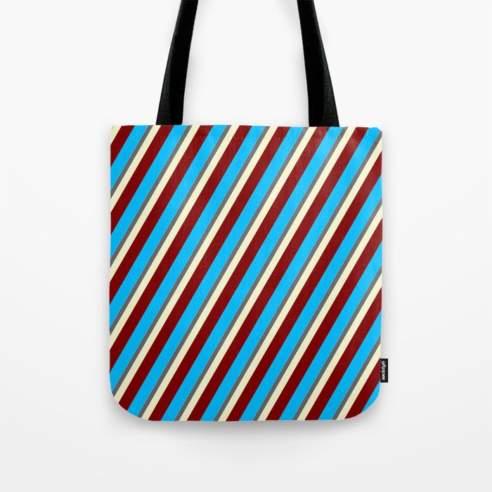 Eyecatching Sky Blue, Dim Grey, Light Yellow, Maroon, and Deep Sky Blue Colored Lined Pattern Tote Bag