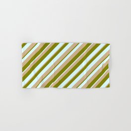 [ Thumbnail: Green, Light Cyan & Tan Colored Pattern of Stripes Hand & Bath Towel ]