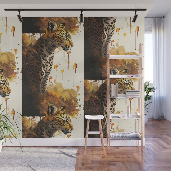 Abstract Leopard Painting Honey Colors Orange Yellow Beige Brown Black Wall Mural