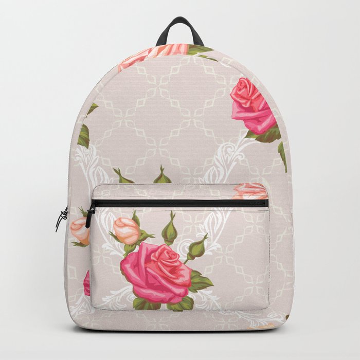 Vintage Roses and Lattice Lace on Pastel Pale Pink Backpack