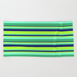 [ Thumbnail: Aquamarine, Sea Green, Midnight Blue & Light Green Colored Stripes Pattern Beach Towel ]