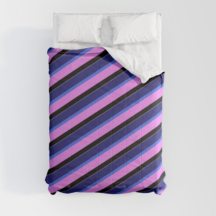 Vibrant Midnight Blue, Royal Blue, Violet, Black, and White Colored Pattern of Stripes Comforter