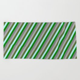 [ Thumbnail: Eye-catching Turquoise, Green, Grey, Dark Grey, and Dark Olive Green Colored Striped Pattern Beach Towel ]