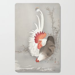 Japanese  Painting of Rooster and chicken Vintage Rooster and chicken Painting Watercolor Painting of Bird Cutting Board