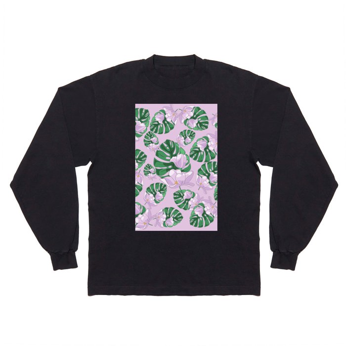 Botanical Pattern With Tropical Monstera  Leaves and Purple Flowers Long Sleeve T Shirt
