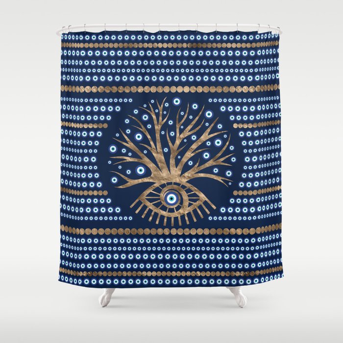 Greek Eye Tree Mati Mataki Gold And Dark Blue Shower Curtain By