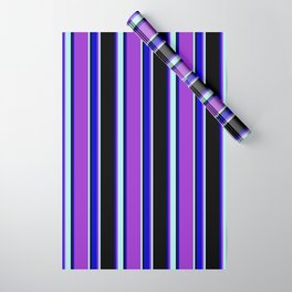 [ Thumbnail: Dark Orchid, Turquoise, Black, and Blue Colored Striped/Lined Pattern Wrapping Paper ]