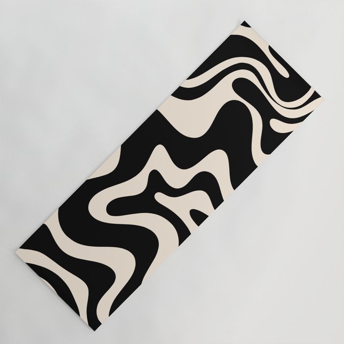 Retro Liquid Swirl Abstract in Black and Almond Cream Yoga Mat