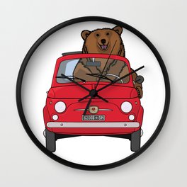A bear driving a red vintage car Wall Clock