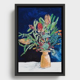 Yellow and Red Australian Wildflower Bouquet in Pottery Vase on Navy, Original Still Life Painting Framed Canvas