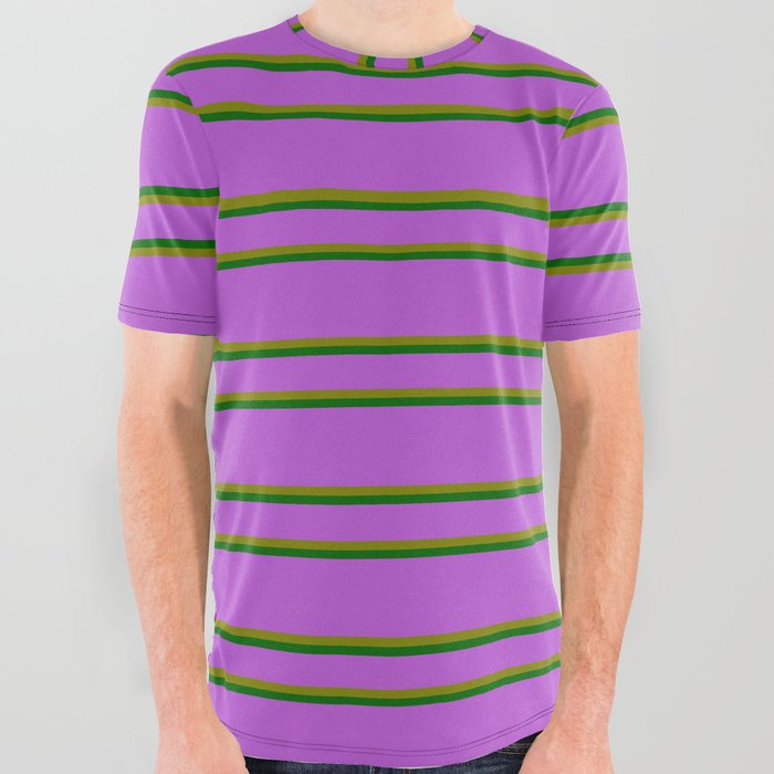 Orchid, Green & Dark Green Colored Pattern of Stripes All Over Graphic Tee