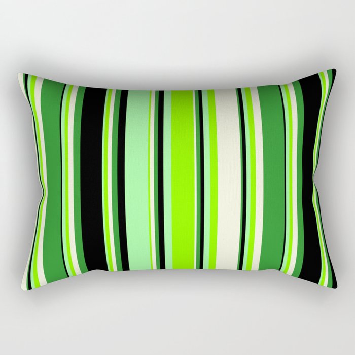 Eyecatching Green, Chartreuse, Beige, Forest Green & Black Colored Stripes/Lines Pattern Rectangular Pillow