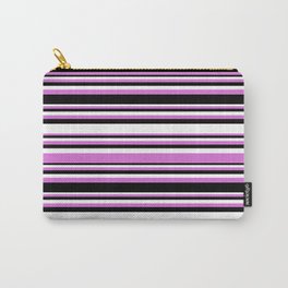 [ Thumbnail: Orchid, Black, and White Colored Striped/Lined Pattern Carry-All Pouch ]