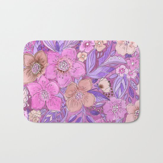 Watercolor . Pink flowers . Bath Mat